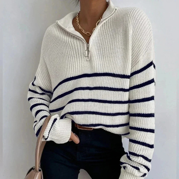 Striped Drop Shoulder Zipper Front Sweater - Picture 1 of 6